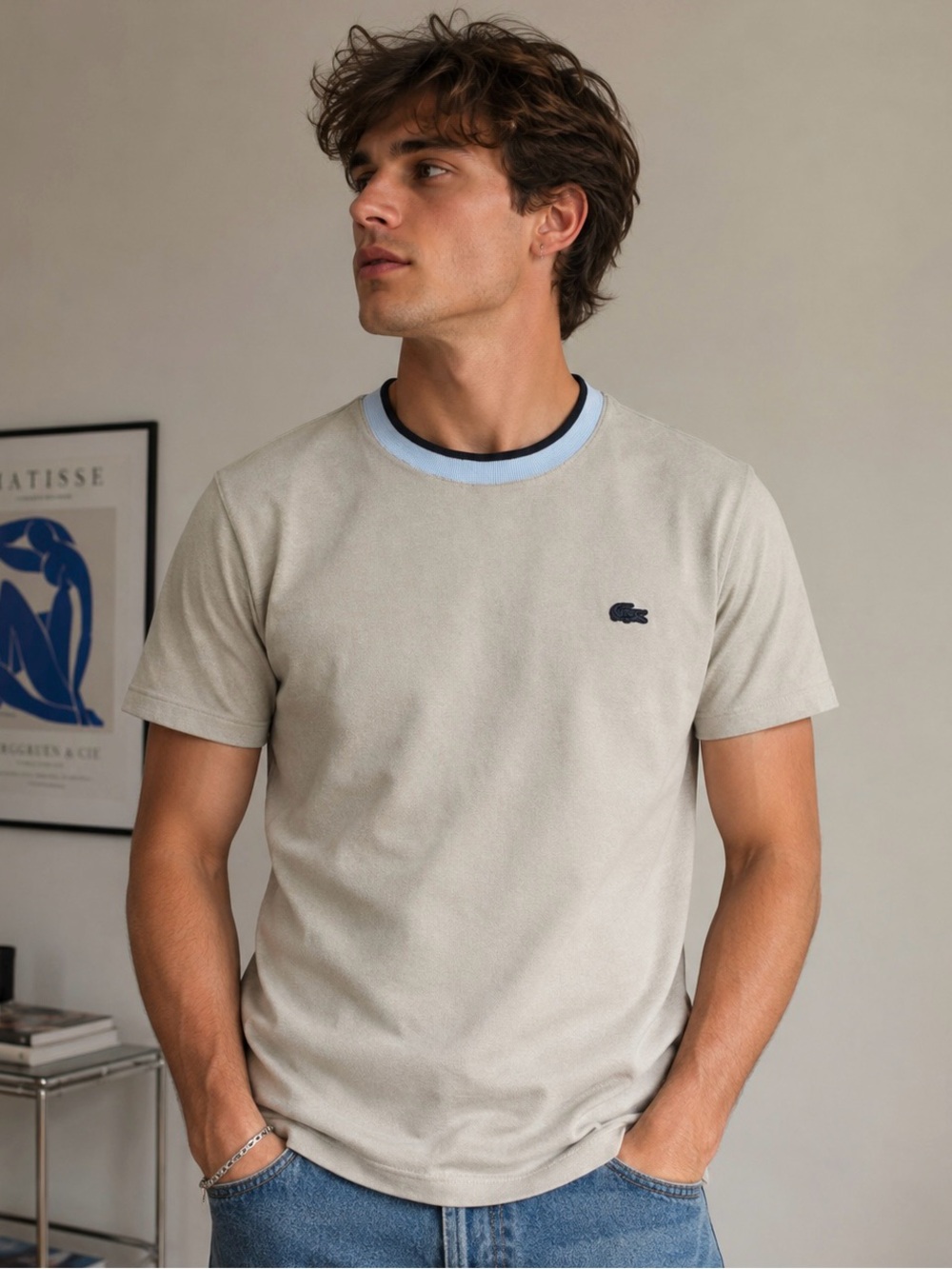 Lacoste Regular Fit Piqué T-Shirt Beige Cream Ringer Tee Men’s MED/FR 4 Luxury